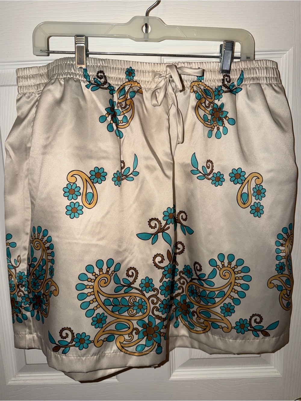 Fashion Nova Cream Swim Trunks with Turquoise and Gold Paisley